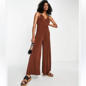 Topshop Wide Leg Jumpsuit V Neck Chocolate Chestnut Brown Sz 6